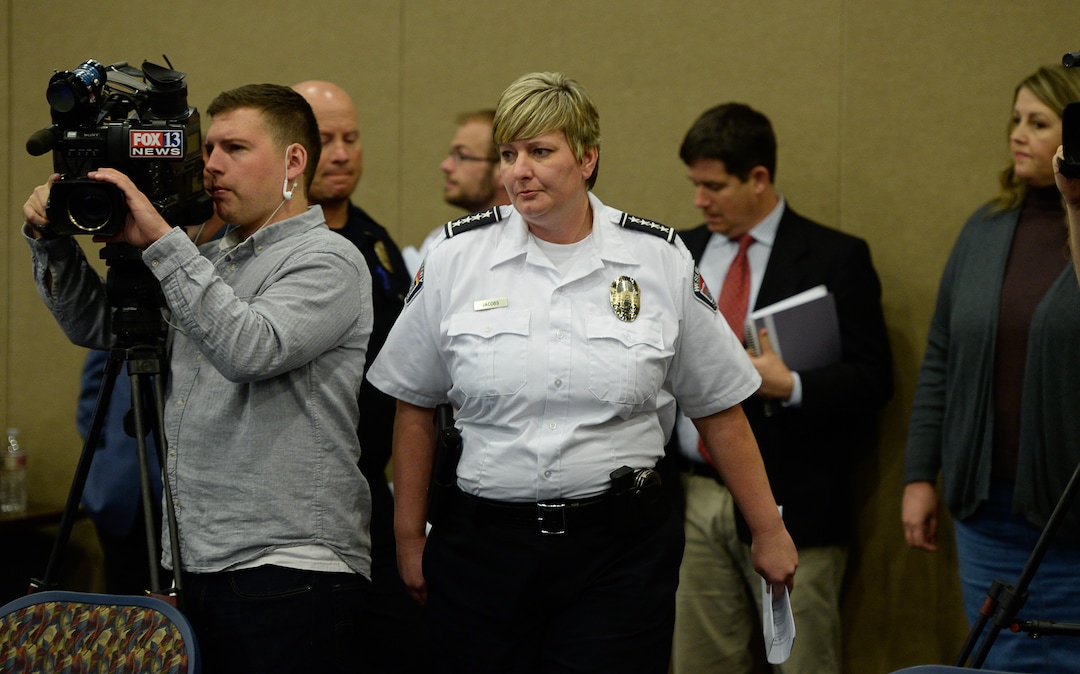 (Francisco Kjolseth  |  The Salt Lake Tribune)  West Valley Police Chief Colleen Jacobs arrives for a press conference at City Hall on Tuesday, Apr. 17, 2018, to release body cam footage of the fatal shooting of 20-year-old Elijah James Smith. On April 8, Smith was shot and killed by West Valley police officers who believed he matched the description of someone involved in a theft at a cellphone store and was later cornered inside a homeowners garage where he put his hand into his pocket despite repeated calls to show his hands.