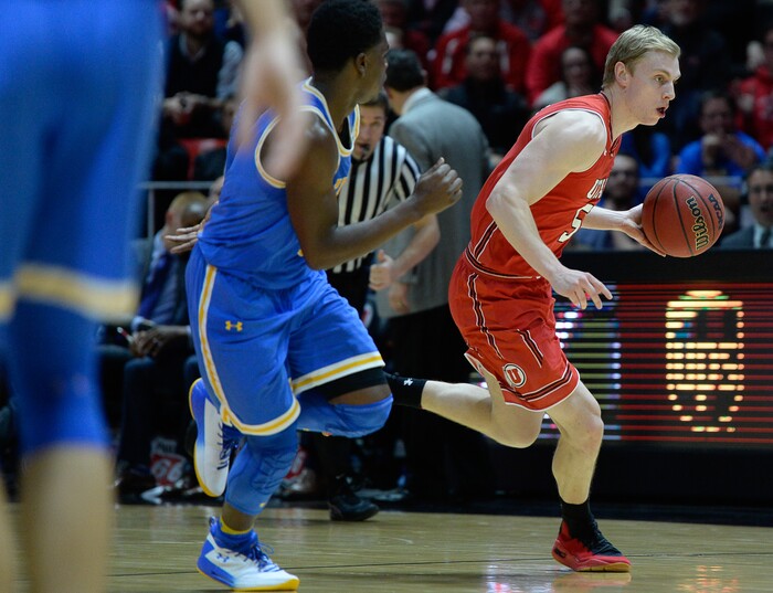 (Francisco Kjolseth  |  The Salt Lake Tribune)  Utah Utes guard Parker Van Dyke (5) makes his way down court as the University of Utah hosts UCLA in NCAA basketball at the Huntsman Center in Salt Lake City, Thursday, Feb. 22, 2018.
