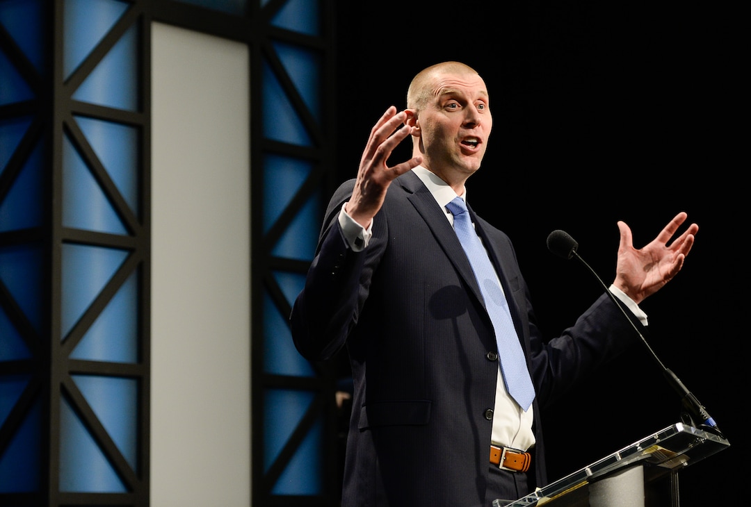 (Francisco Kjolseth  |  The Salt Lake Tribune)  Mark Pope takes questions from the media after being announced as BYU's new head basketball coach during a press event at the BYU broadcasting building on Wed. April 10, 2019.