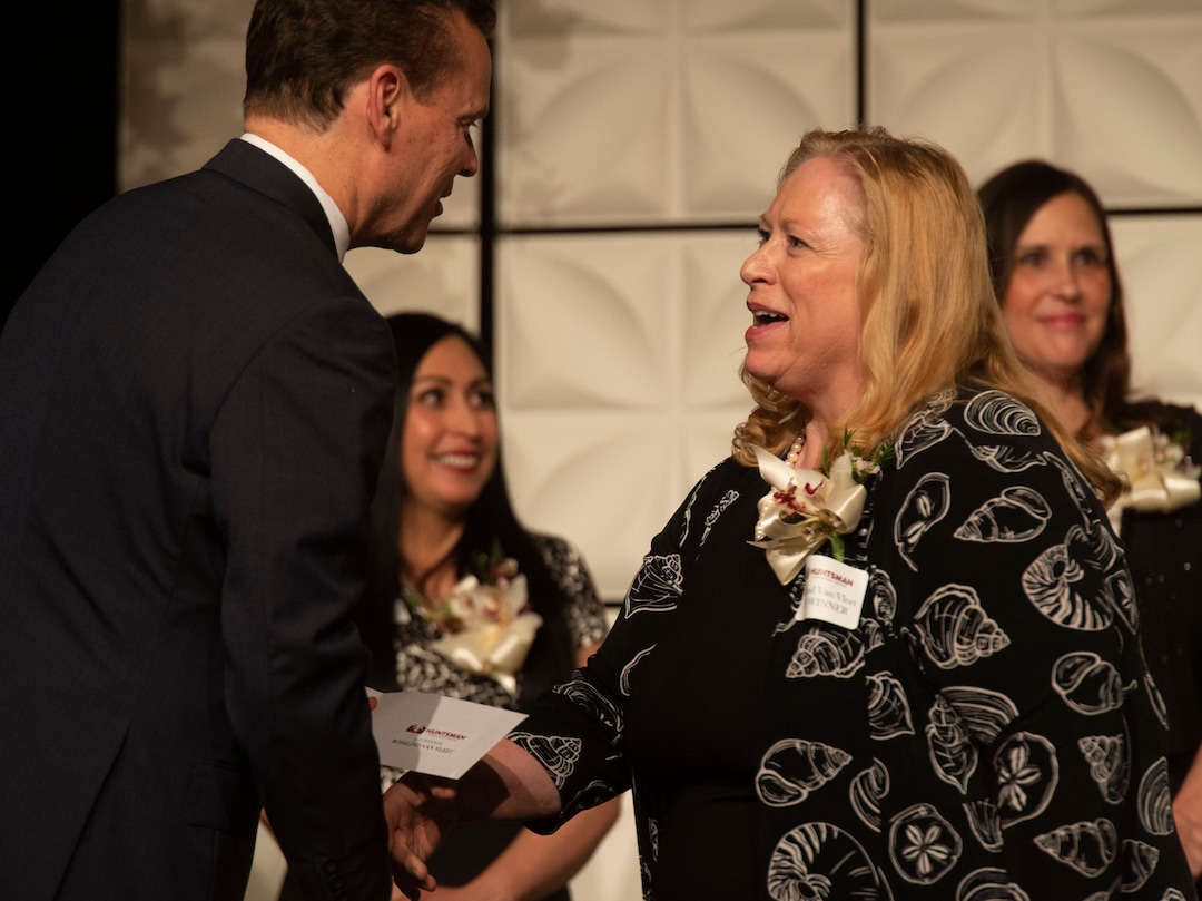 (Rick Egan  |  The Salt Lake Tribune)  Education Award winner Rosalind Van Fleet, shakes hands with Peter Huntsman  at the Huntsman Awards for Excellence in Education at the Grand America, Friday,  April 26, 2019.