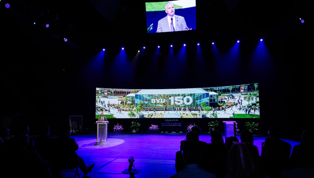 (Ellie Alder | BYU) BYU President C. Shane Reese speaks during a devotional marking BYU's 150 years in Provo, Tuesday, March 31, 2026.