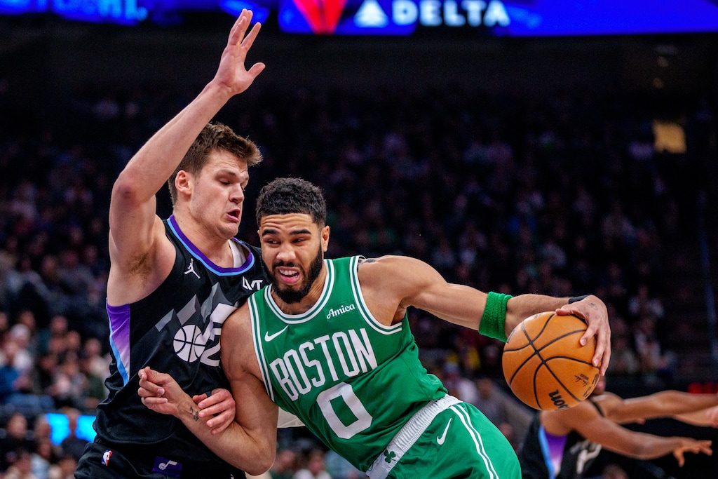 (Trent Nelson  |  The Salt Lake Tribune) Utah Jazz center Walker Kessler (24) defending Boston Celtics forward Jayson Tatum (0) as the Utah Jazz host the Boston Celtics, NBA basketball in Salt Lake City on Friday, March 21, 2025.