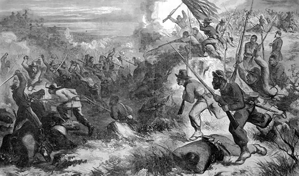 (Harpers Weekly) This drawing from a Harpers Weekly edition in 1863 depicts the Battle of Island Mound on Oct. 29, 1862 in Missouri during the American Civil War.