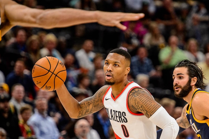 (Trent Nelson | The Salt Lake Tribune)  Portland Trail Blazers guard Damian Lillard (0) as the Utah Jazz host the Portland Trail Blazers, NBA basketball in Salt Lake City, Wednesday November 1, 2017.
