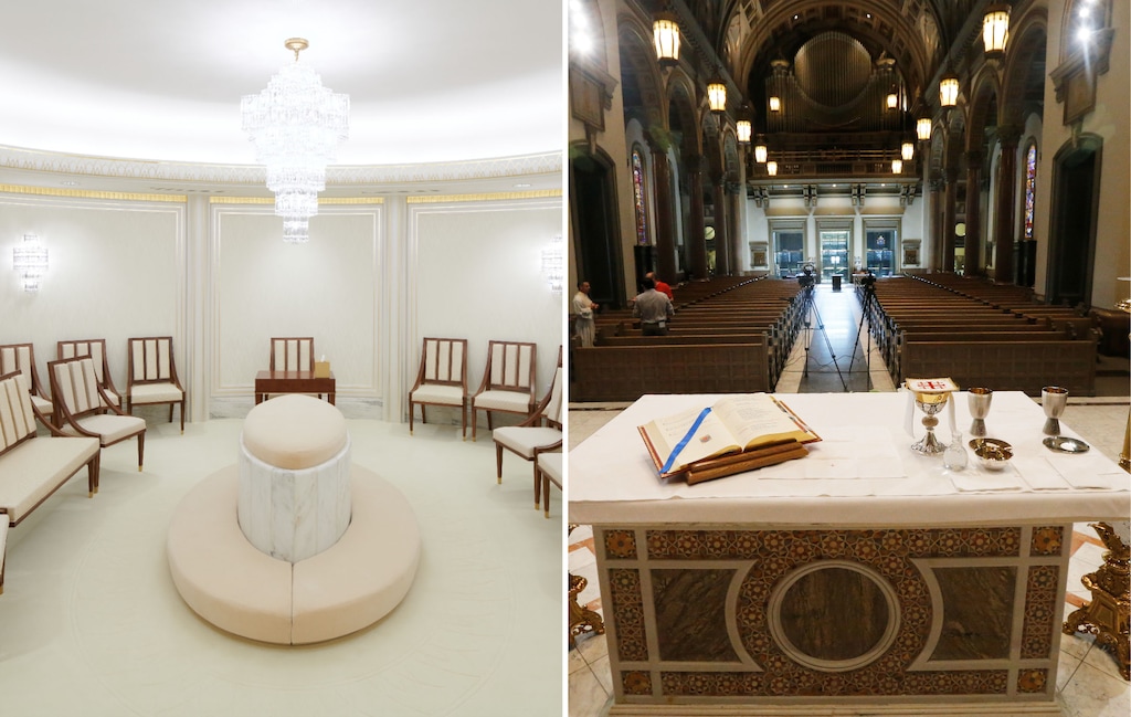 (Left: The Church of Jesus Christ of Latter-day Saints. Right: Steve Helber | AP) A sealing room in the Washington, D.C.,Temple, left, and an altar of the Cathedral of the Sacred Heart in Richmond, Va.