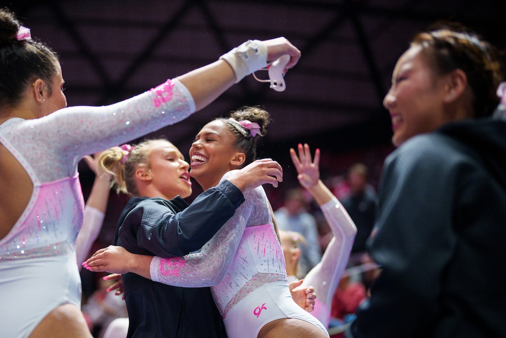 (Trent Nelson  |  The Salt Lake Tribune) Jaedyn Rucker celebrates a 10 on the vault as Utah hosts California, NCAA gymnastics in Salt Lake City on Friday, Feb. 24, 2023. Rucker repeated the feat as Utah won the NCAA regional meet in Los Angeles on Saturday.