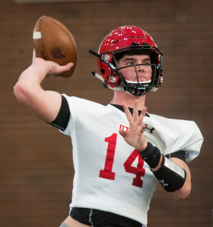 (Rick Egan  |  The Salt Lake Tribune)    Utah freshman quarterback Jack Tuttle works out on the first day of Spring practice, Monday, March 5, 2018.


