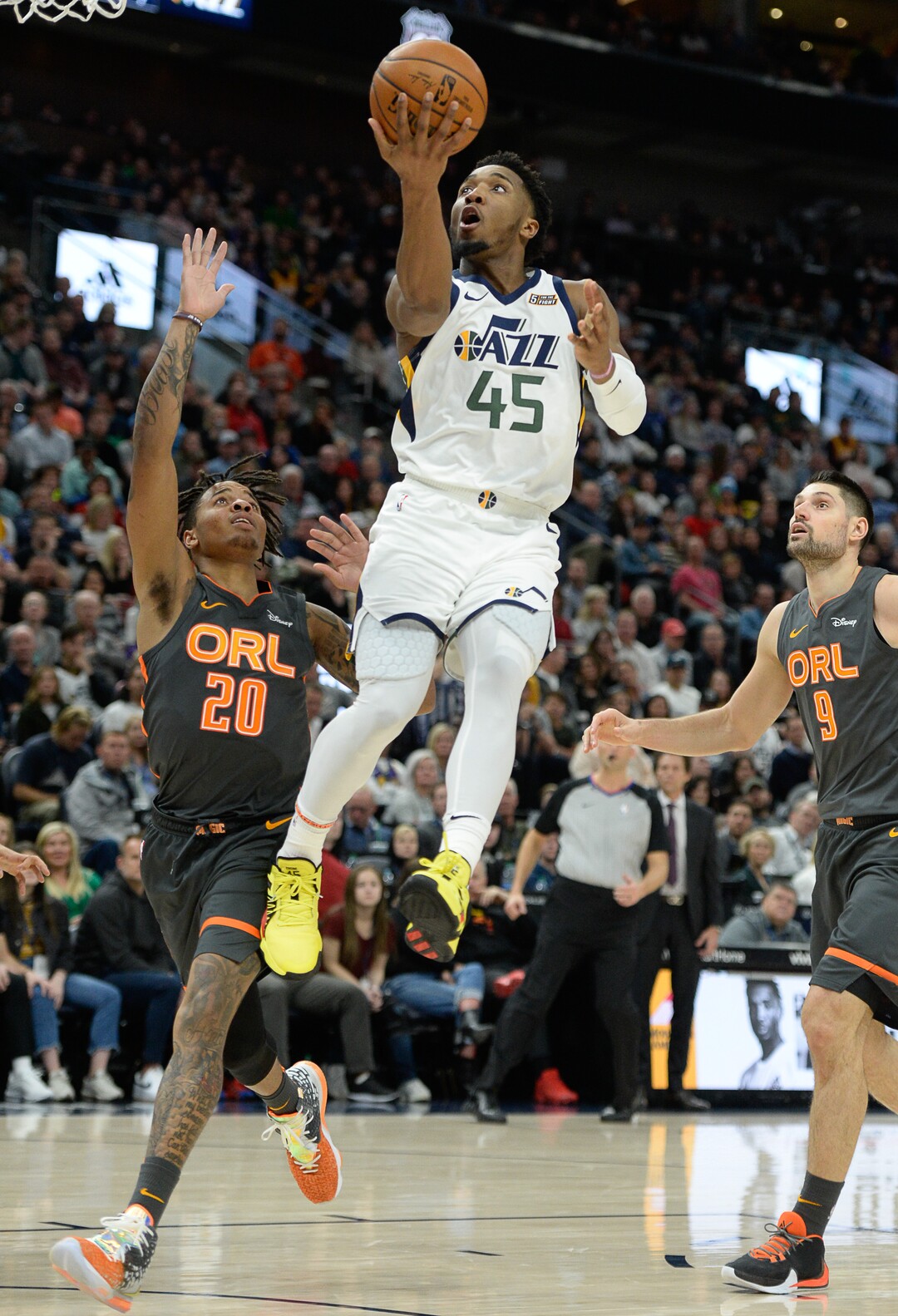 (Francisco Kjolseth  |  The Salt Lake Tribune) Utah Jazz guard Donovan Mitchell (45) makes a run on the basket as the Utah Jazz host the Orlando Magic in their NBA basketball game at Vivint Smart Home Arena in Salt Lake City on Tuesday. Dec. 17, 2019.
