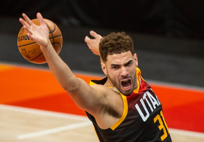 (Rick Egan | The Salt Lake Tribune) Utah Jazz forward Georges Niang (31) reacts after his dunk on a fast break, in NBA action between the Utah Jazz and the Atlanta Hawks at Vivint Arena, on Friday, Jan. 15, 2021.,