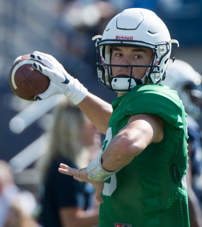 (Rick Egan  |  The Salt Lake Tribune)  Quarterback Koy Detmer Jr. (10), throws the ball, during the BYU scrimmage at Lavell Edwards Stadium, Thursday, August 17, 2017.