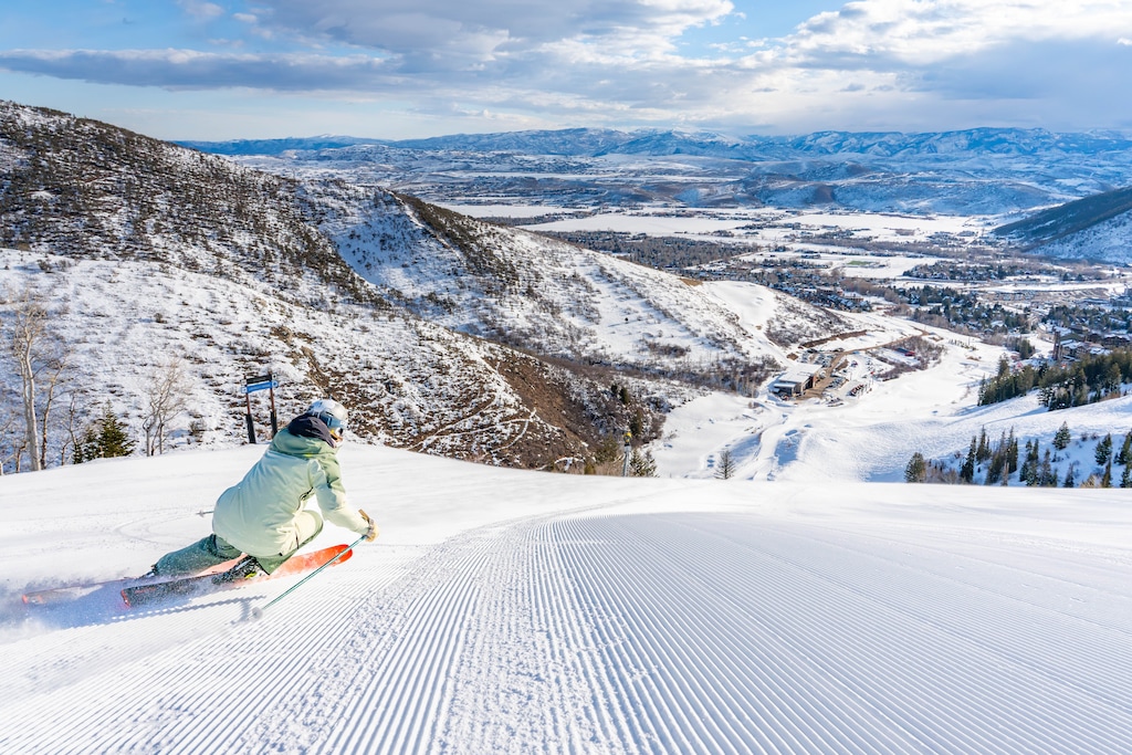 (Ian Anderson | Park City Mountain) A skier enjoys fresh corduroy at Park City Mountain Resort, which is the largest in the United States at 7,300 public lift-served acres. The resort unveiled a new brand campaign on Tuesday, Sept. 1, 2026. It is "Larger Than Life."