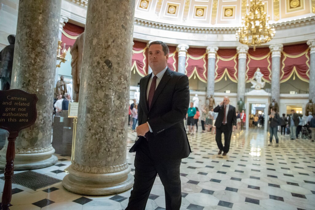 House Intelligence Committee Chairman Devin Nunes, R-Calif., walks to the chamber at the Capitol in Washington, Thursday, May 10, 2018. Democrats on the House intelligence committee have released more than 3,500 Facebook ads that were created or promoted by a Russian internet agency, providing the fullest picture yet of Russia's attempt to sow racial and political division in the United States before and after the 2016 election. (AP Photo/J. Scott Applewhite)