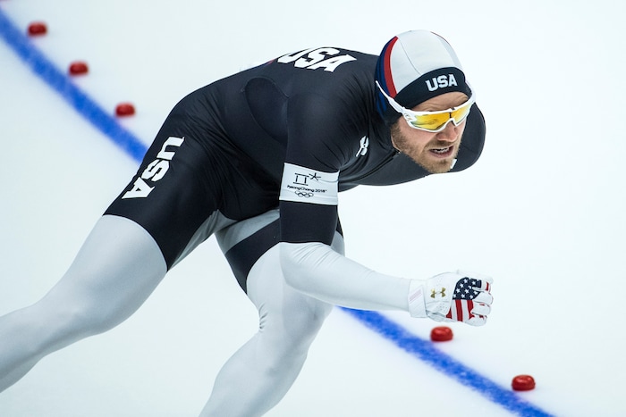 (Chris Detrick  |  The Salt Lake Tribune)  Joey Mantia of the United States competes in the 1,000m at Gangneung Oval during the Pyeongchang 2018 Winter Olympics Friday, Feb. 23, 2018. Mantia finished in 4th place with a time of 1:08.564. 