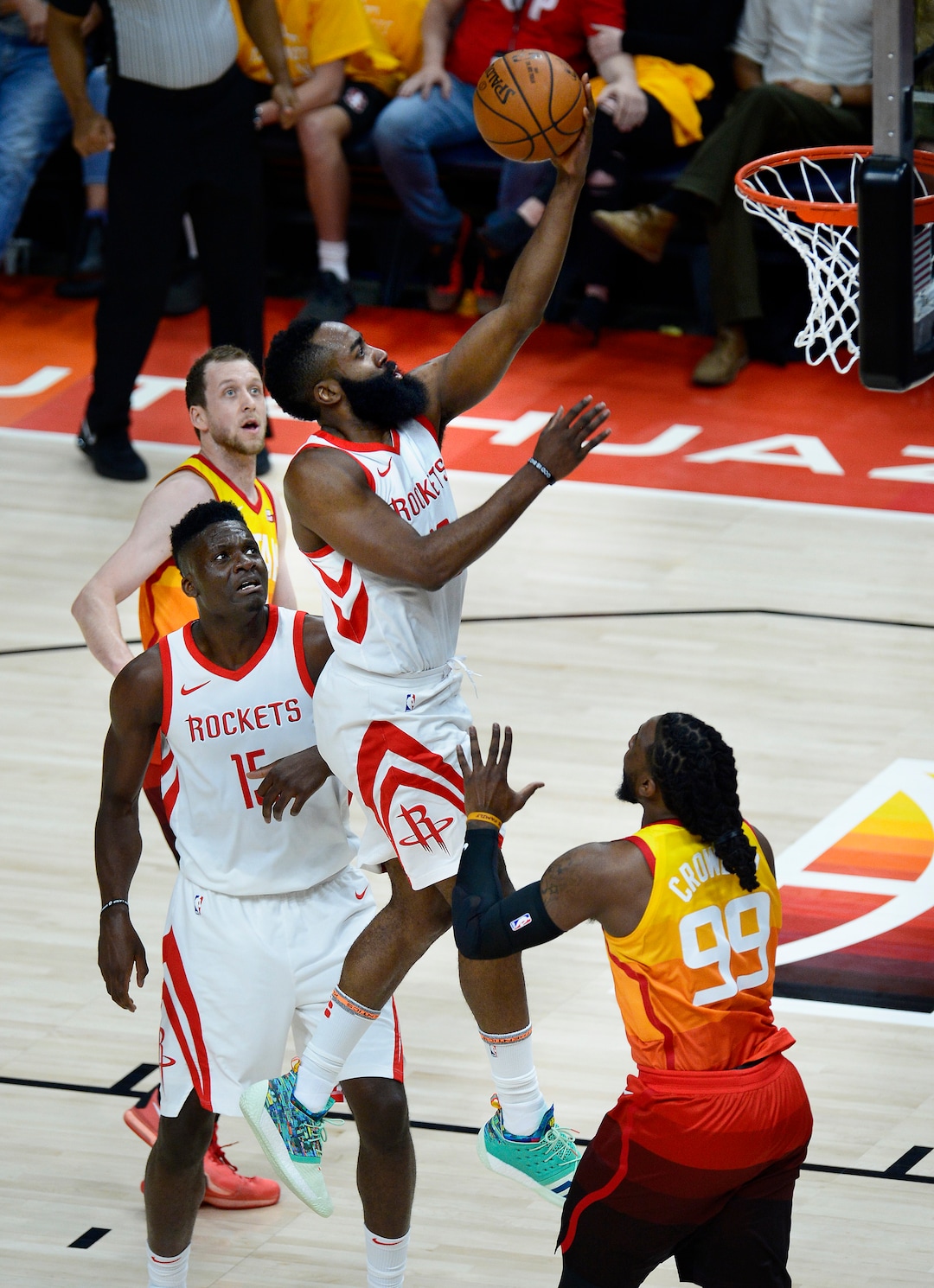 (Scott Sommerdorf | The Salt Lake Tribune)Houston Rockets guard James Harden (13) slices in for an easy layup during first half play. The Houston Rockets led the Utah Jazz 70-40 at the half of game 3, Friday, May 4, 2018.