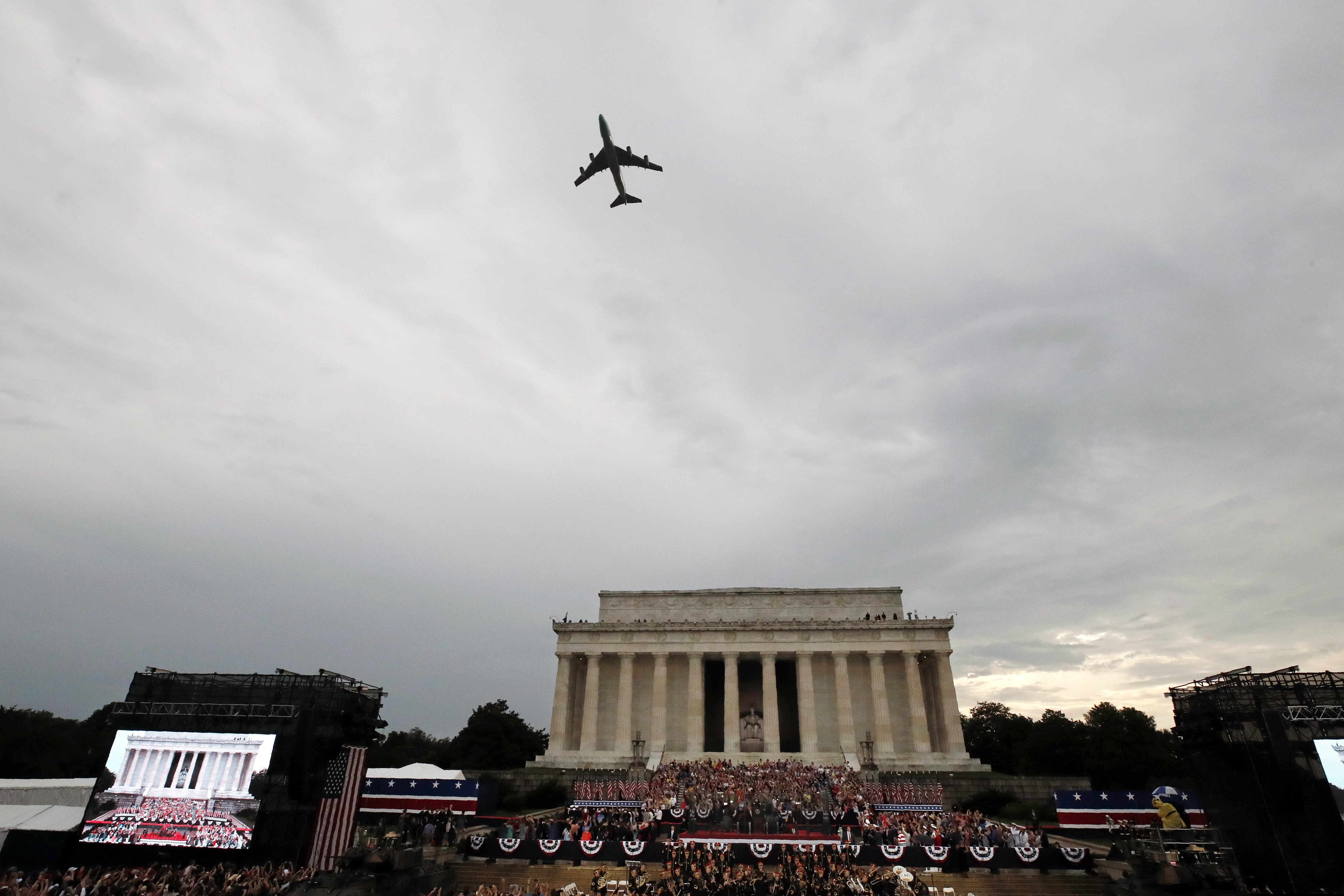 (Alex Brandon | AP file photo) Special Air Mission 28000, Air Force One when the President is aboard, flies over Washington during an Independence Day celebration attended by President Donald Trump at the Lincoln Memorial, Thursday, July 4, 2019, in Washington.