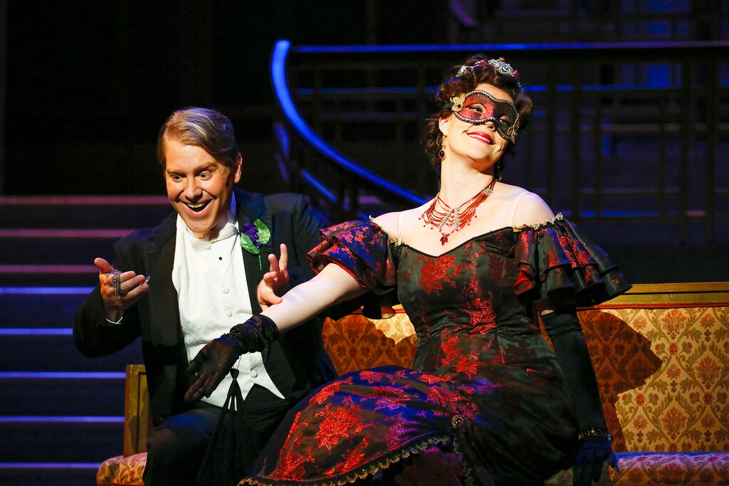(Courtesy photo by Kent Miles for Utah Opera) Eisenstein, played by Daniel Belcher, tries to flirt with a Hungarian countess at a party — unaware that she's actually his wife, Rosalinda, played by Sara Gartland, in a scene from Utah Opera's "Die Fledermaus."