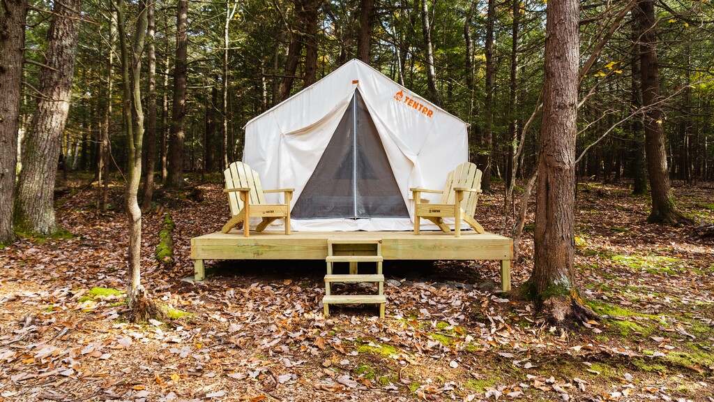 (Photo courtesy of Tentrr)
The Utah Division of Parks and Recreation has teamed up with Tentrr to create 48 campsites across five state parks this season. Designed as a bridge between a campsite and a hotel, sites are set away from other campgrounds. They feature an already set-up tent, a queen bed set on a raised platform, chairs and a rudimentary shower and toilet, among other amenities.