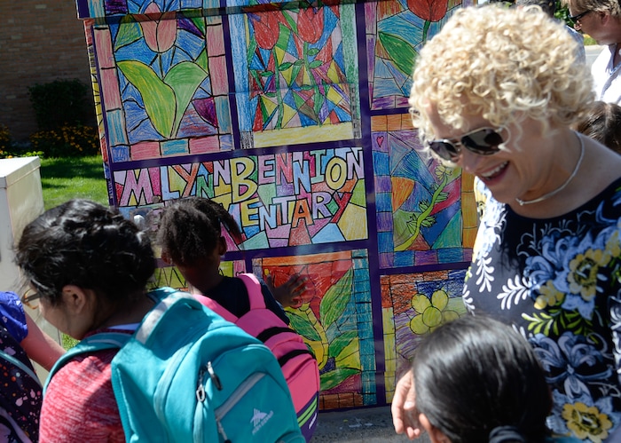 (Francisco Kjolseth  |  The Salt Lake Tribune)  Salt Lake City schools alongside Bennion Elementary school kids and Mayor Jackie Biskupski unveil the final phase of its ColorSLC program, on Tuesday, Aug. 20, 2019, in which artwork from each of the district's elementary schools decorated utility boxes near each school.