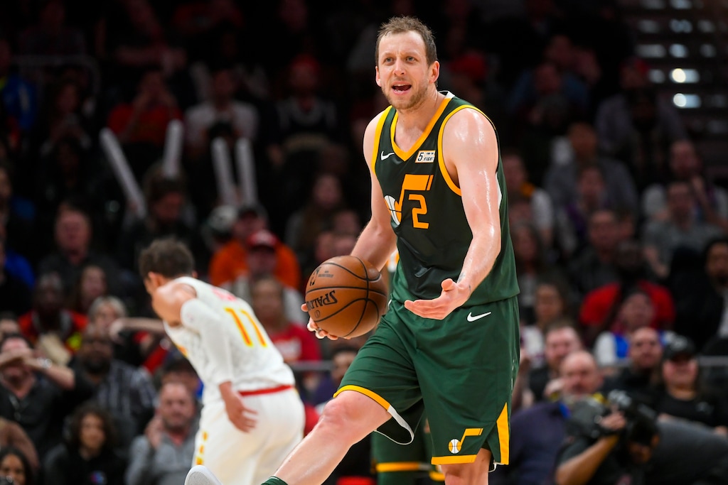 Utah Jazz forward Joe Ingles reacts after a referee's call during the first half of an NBA basketball game Thursday, March 21, 2019, in Atlanta. (AP Photo/John Amis)