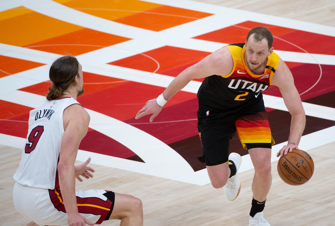 (Francisco Kjolseth  | The Salt Lake Tribune) Miami Heat forward Kelly Olynyk (9) defends against Utah Jazz forward Joe Ingles (2) as the Utah Jazz take on the Miami Heat at Vivint Smart Home Arena in Salt Lake City, on Saturday, Feb. 13, 2021.