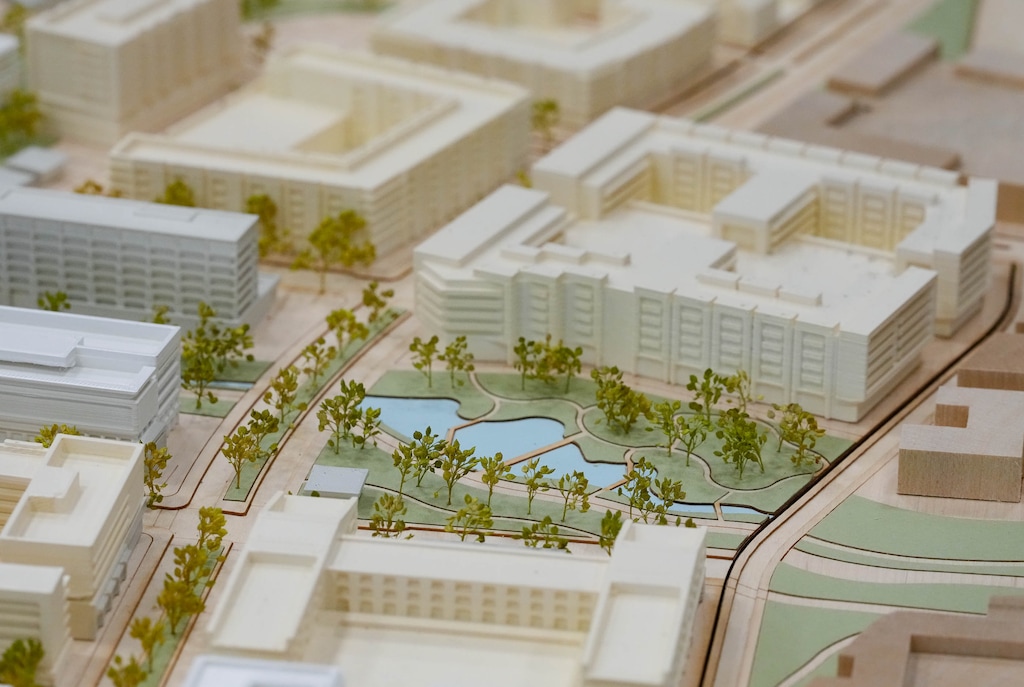 (Francisco Kjolseth | The Salt Lake Tribune) Renderings and a three-dimensional model are put on display as the Point of the Mountain State Land Authority gathers at the Utah Capitol on Tuesday, Dec. 13, 2022, to consider adopting the plans for the first phase of development at The Point, the development at the old Utah State Prison site in Draper. 