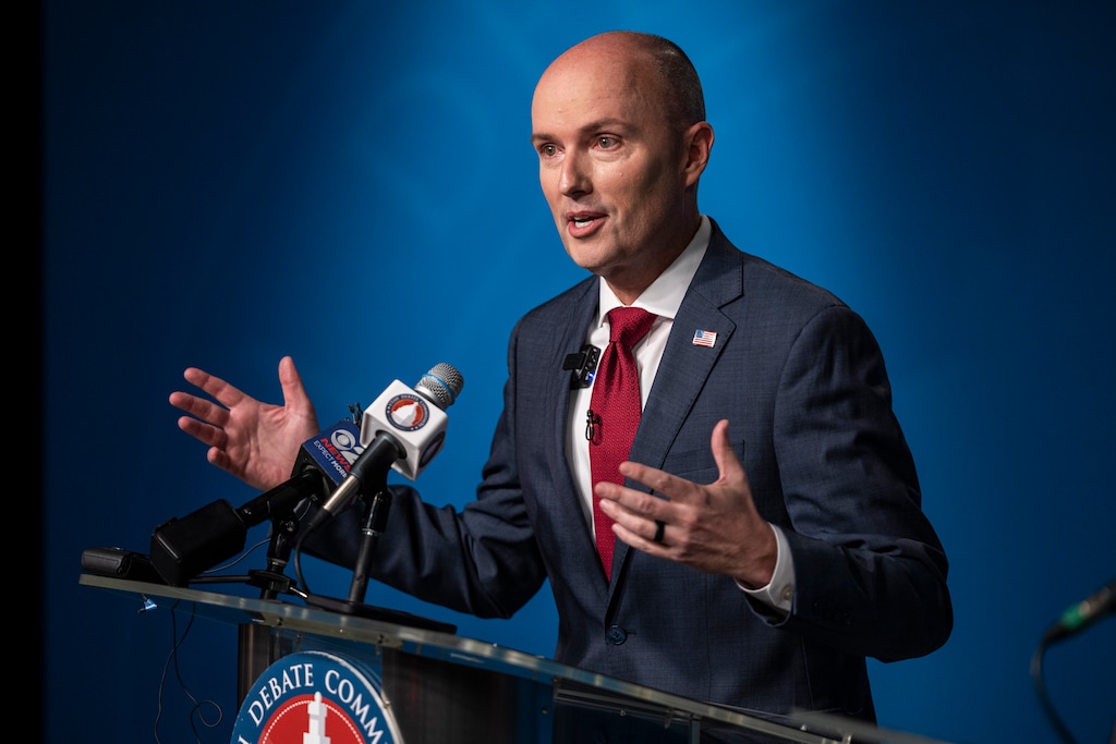 (Isaac Hale | Pool) Gov. Spencer Cox speaks to members of the media after a gubernatorial GOP primary debate held at the Eccles Broadcast Center in Salt Lake City on Tuesday, June 11, 2024. Cox said Wednesday on CNN that he won't vote for either party's presidential nominees.