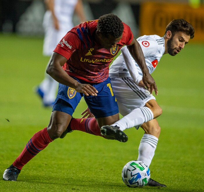 (Rick Egan  |  The Salt Lake Tribune). Real Salt Lake defender Nedum Onuoha (14) goes for the ball along with Los Angeles FC forward Diego Rossi (9), in MLS soccer action between Real Salt Lake and Los Angeles FC at Rio Tinto Stadium, on Wednesday, Sept. 9, 2020.


