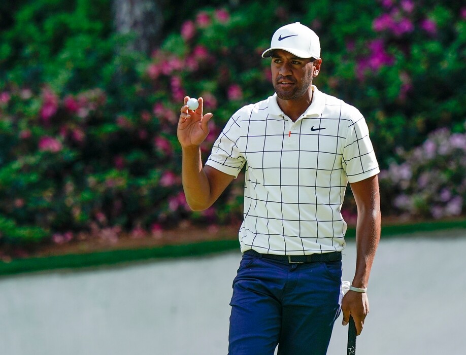 Tony Finau reacts after his putt on the 13th hole during the third round for the Masters golf tournament Saturday, April 13, 2019, in Augusta, Ga. (AP Photo/David J. Phillip)
