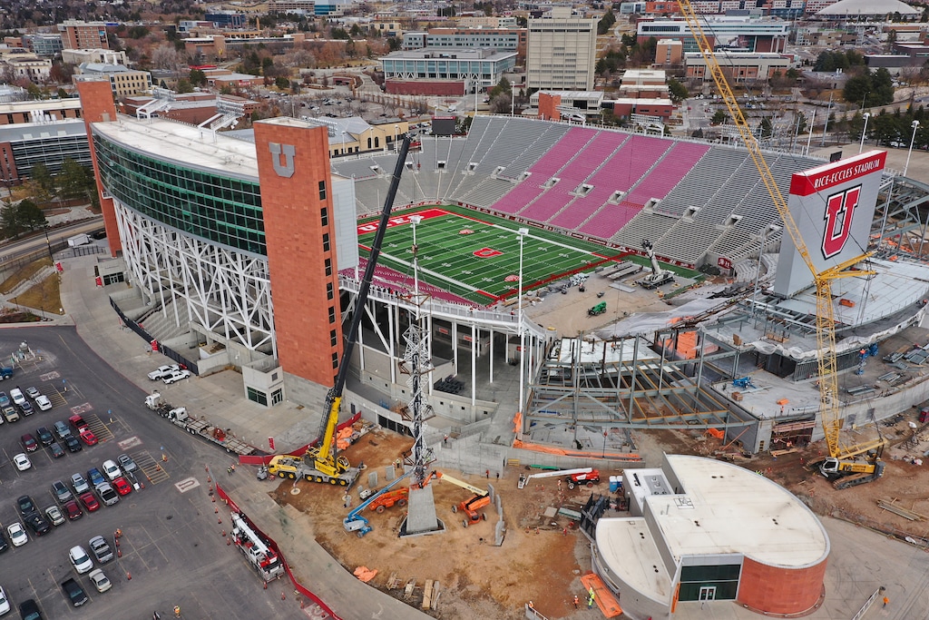 (Francisco Kjolseth | The Salt Lake Tribune) The Olympic cauldron is returned to the University of Utah on Friday, Jan. 29, 2021, after a refurbishment to lengthen its life span. Removed in February 2020, the cauldron was transported to an off-site location, where all 738 glass panes were removed and the complete structure was sandblasted and refinished. The refurbished structure was placed on a newly constructed, 17-foot-tall pedestal, just north of the stadium ticket office, with plans to add high-quality glass.