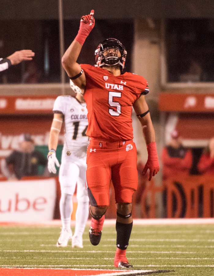 (Rick Egan  |  The Salt Lake Tribune) Utah Utes linebacker Kavika Luafatasaga (5) reacts after knocking down a pass, in PAC-12 football action Utah Utes vs. Colorado Buffaloes at Rice-Eccles stadium, Saturday, November 25, 2017.