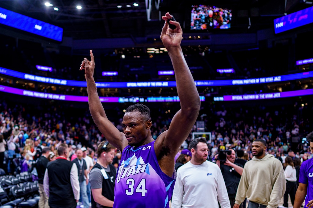 (Trent Nelson  |  The Salt Lake Tribune) Utah Jazz center Oscar Tshiebwe (34) as the Utah Jazz host the Oklahoma City Thunder, NBA basketball in Salt Lake City on Friday, April 11, 2025.
