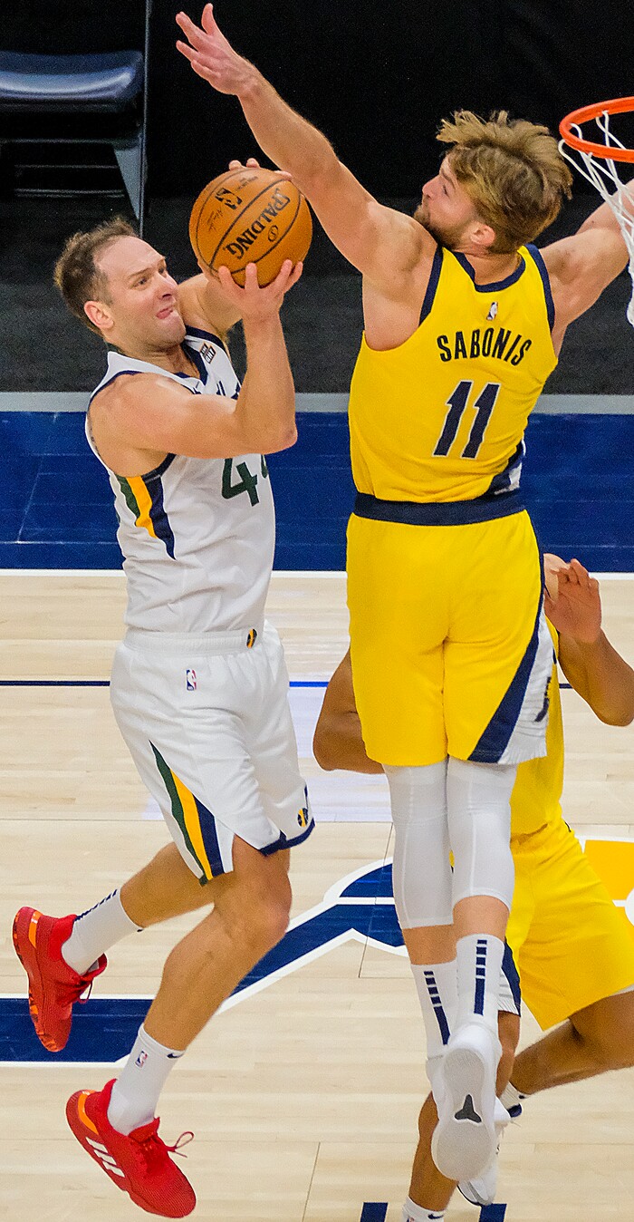 (Leah Hogsten | The Salt Lake Tribune) Utah Jazz forward Bojan Bogdanovic (44) shoots around Indiana Pacers forward Domantas Sabonis (11) as the Utah Jazz host the Indiana Pacers, Friday, April 16, 2021, at Vivint Arena.