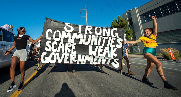 (Rick Egan  |  The Salt Lake Tribune)  Protesters  dance in downtown Salt Lake City, during the Dance Dance Revolution protest for racial equality, on Sunday, Aug. 9, 2020.