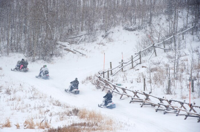 (Scott Sommerdorf   |  The Salt Lake Tribune)   
The Varvell family visiting from Connecticut rented snowmobiles at Daniel Summit Saturday, December 23, 2017. While the number of snowmobile licenses in Utah is declining, trail usage is up dramatically.  