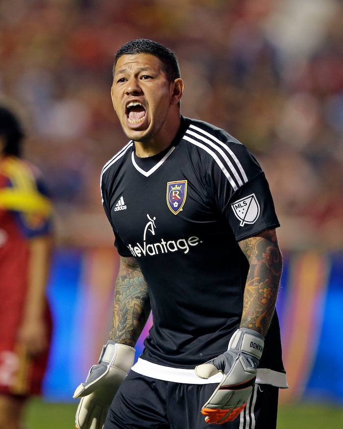 FILE - In this Aug. 22, 2015, file photo, Real Salt Lake goalkeeper Nick Rimando shouts during the second half of an MLS soccer match against the Seattle Sounders, in Sandy, Utah. After 20 years, Rimando plans to step away from MLS. Veteran goalkeeper Rimando is playing out his final season in Major League Soccer after a career that had spanned 20 years. (AP Photo/Rick Bowmer, File)
