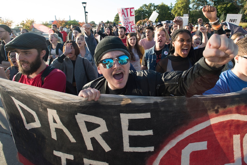 (Rick Egan  |  The Salt Lake Tribune) Protesters march across the University of Utah campus in Salt Lake City to protest Ben Shapiro's speech, Wednesday, September 27, 2017.
