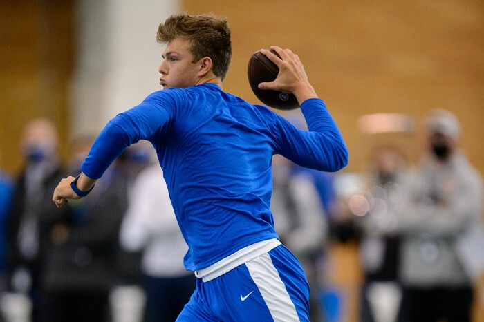 (Trent Nelson | The Salt Lake Tribune) BYU quarterback Zach Wilson works out for NFL scouts during BYU Pro Day, in Provo on Friday, March 26, 2021.