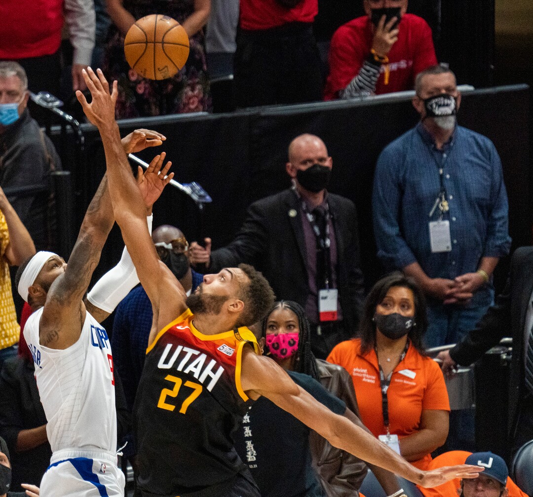 (Rick Egan | The Salt Lake Tribune) Utah Jazz center Rudy Gobert (27) blocks a shot by LA Clippers forward Marcus Morris Sr. (8) with seconds left in Game One of the second round of the NBA playoffs at Vivint Arena, on Tuesday, June 8, 2021.