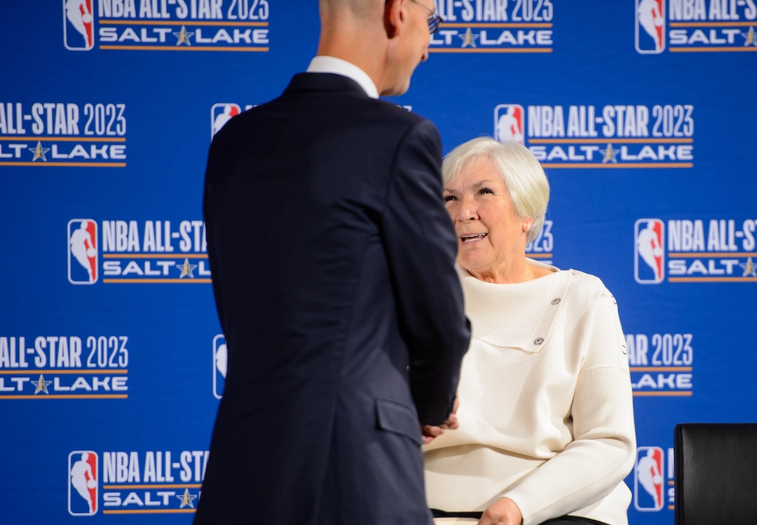 (Trent Nelson  |  The Salt Lake Tribune)NBA Commissioner Adam Silver and Larry H. Miller Group of Companies owner Gail Miller,  as the Utah Jazz and NBA announce that Salt Lake City will host the 2023 NBA All-Star Game at a news conference on Wednesday Oct. 23, 2019.