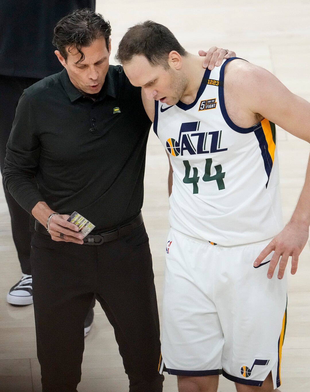 (Leah Hogsten | The Salt Lake Tribune) Utah Jazz head coach Quin Snyder talks with Utah Jazz forward Bojan Bogdanovic (44) during a timeout as the Utah Jazz take on the Memphis Grizzlies during Game 1 of the first-round playoffs at Vivint Arena, May 23, 2021.