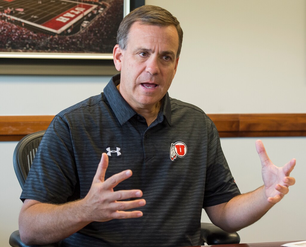 (Rick Egan  |  The Salt Lake Tribune)    Mark Harlan talks about his first week on the job as Athletic Director at the University of Utah in his new office at the Huntsman Center, Friday, June 29, 2018.