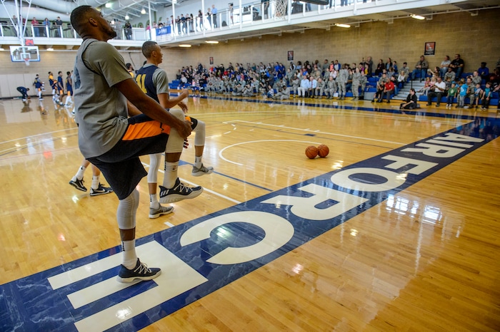 (Steve Griffin  |  The Salt Lake Tribune)    The Jazz warm-up in the Warrior Fitness Center on Hill Air Force Base as they prepare to scrimmage as a part of a "Hoops for Troops" promotion Ogden Friday September 29, 2017. It's also Utah's first public scrimmage of the season, and the first look at how the new pieces of the team will work together. 