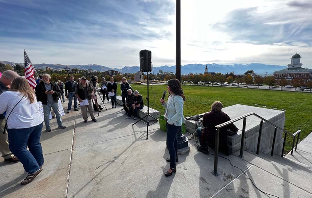 (Bryan Schott | The Salt Lake Tribune) Alena Ericksen addresses a rally to call for a forensic audit of the 2020 election at the Utah State Capitol on October 20, 2021.