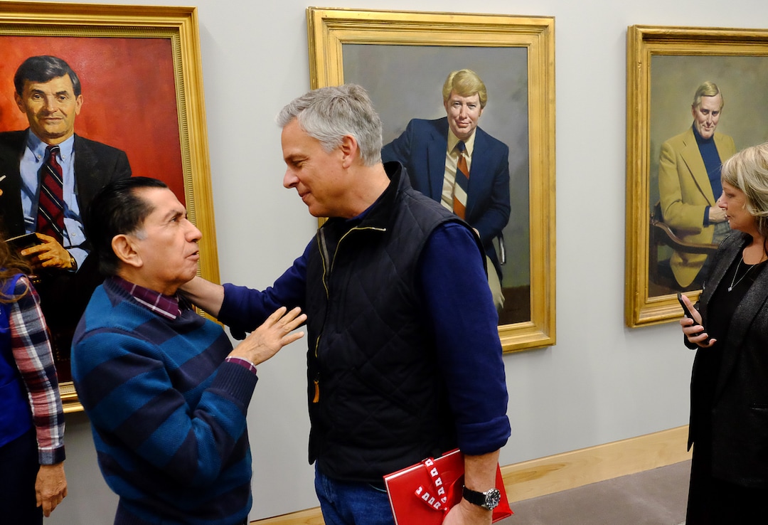 (Francisco Kjolseth  |  The Salt Lake Tribune)  George Riveros speaks with former Utah Governor and Ambassador Jon Huntsman following a discussion at the Hinckley Institute of Politics on the University of Utah campus on Thursday, Dec. 5, 2019, to discuss his long career in public service spanning from Utah's Governor's Mansion to Chinese and Russian ambassadorships and examine the increasing significance Utah plays in our globalized world.