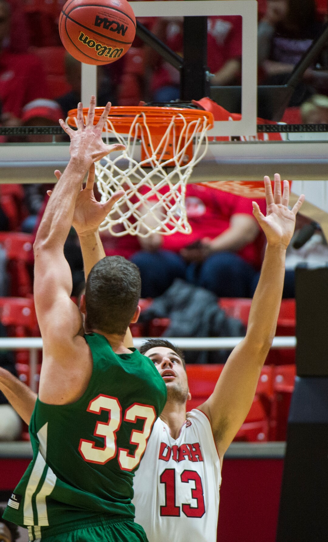 (Rick Egan  |  The Salt Lake Tribune)    Mississippi Valley State Delta Devils Aleksa Koracin (33), shoots overUtah Utes forward Novak Topalovic (13), in basketball action between Utah Utes and Mississippi Valley State Delta Devils at the Jon M. Huntsman Center, Thursday, Nov. 15, 2018.