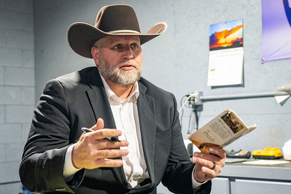 (Rick Egan | The Salt Lake Tribune) Ammon Bundy, at his workshop, on Tuesday, March 18, 2025.