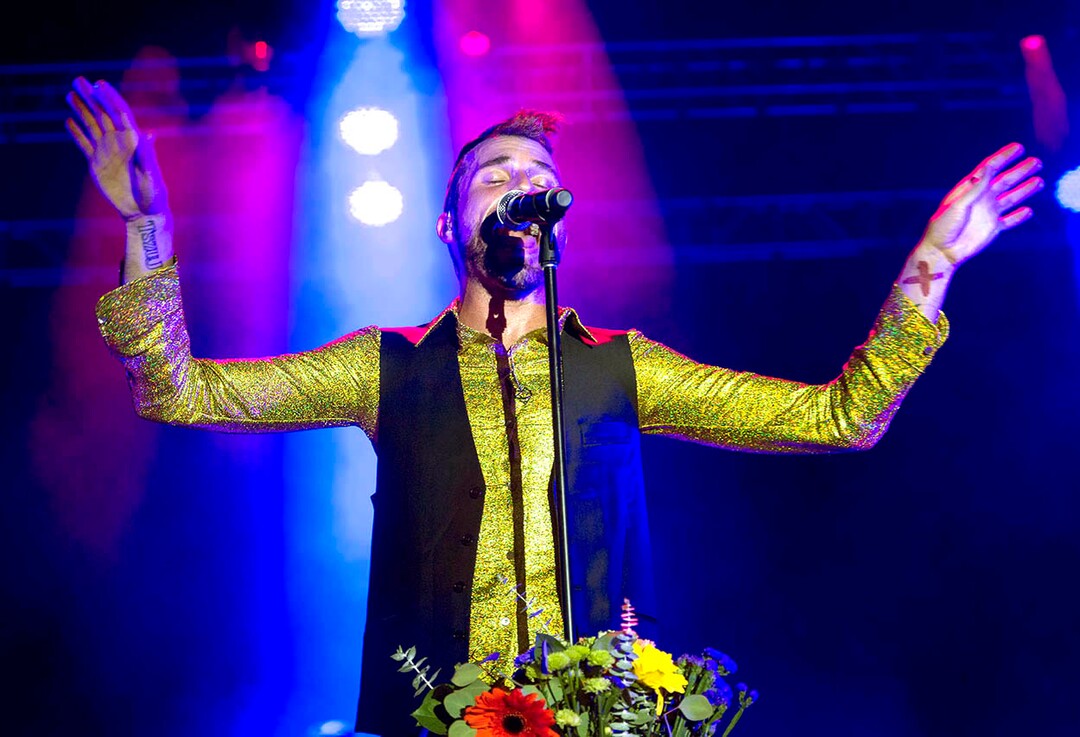(Rick Egan  |  The Salt Lake Tribune)  Tyler Glenn Sings for Neon Trees, at the LoveLoud Festival at Brent Brown Ballpark at UVU campus, Saturday, August 26, 2017.