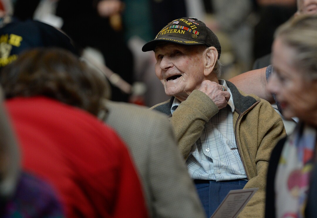 (Francisco Kjolseth  |  The Salt Lake Tribune)  Woodrow Wilson New, who is 101 exclaims "I'm a hundred and one but I still chase the girls," as he joins over 20 veteran centenarians for a celebration and salute to all veterans who were 99 and older at the State Capitol Rotunda on Tuesday, Nov. 5, 2019.