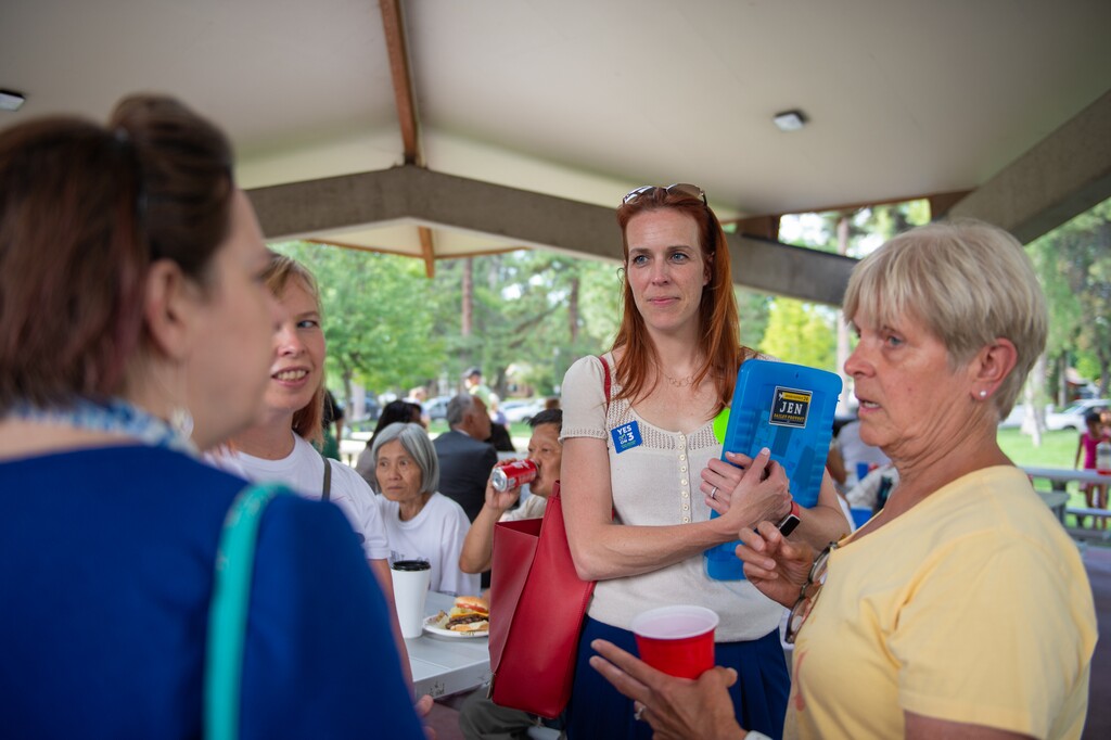 (Rachel Molenda | The Salt Lake Tribune) House District 24 candidate Jennifer Dailey-Provost, second from right, speaks with Utah Democrat disability caucus chair Jennifer Miller-Smith, Salt Lake County Commission candidate Lisa Gehrke and Jenn Stephenson , right, at a candidate meet-and-greet at Liberty Park in Salt Lake City on Wednesday, July 11, 2018.