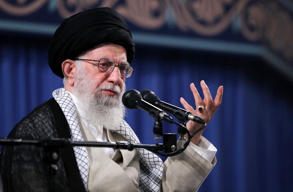 In this photo released on Wednesday, May 22, 2019 by the official website of the office of the Iranian supreme leader, Supreme Leader Ayatollah Ali Khamenei speaks to a group of students in Tehran, Iran. Khamenei publicly chastised the country's moderate president and foreign minister Wednesday, saying he disagreed with the implementation of the 2015 nuclear deal they had negotiated with world powers. (Office of the Iranian Supreme Leader via AP)